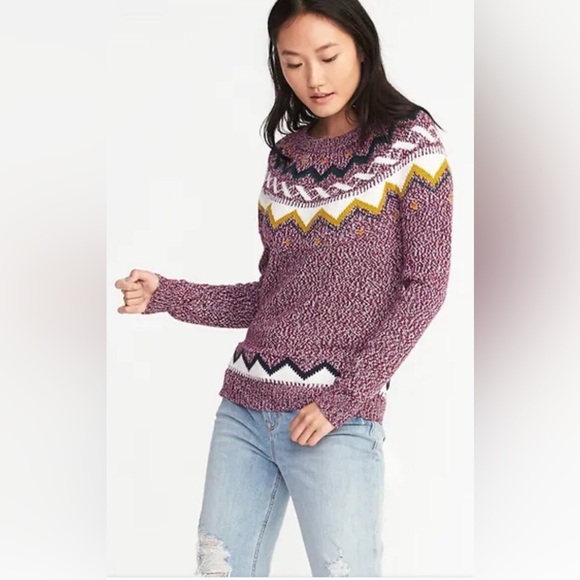 Old Navy Classic Fair Isle Purple Crew Neck Sweater Cotton Blend Size Small - Picture 1 of 10